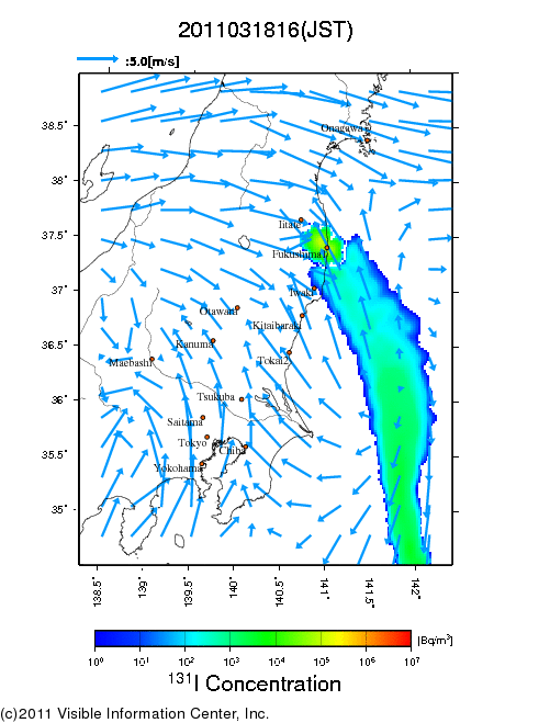 Ground level air concentration [Bq/m3] 2011-03-18 16