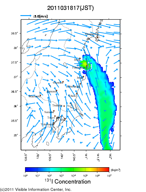 地表付近 大気中濃度分布[Bq/m3]　2011-03-18 17時