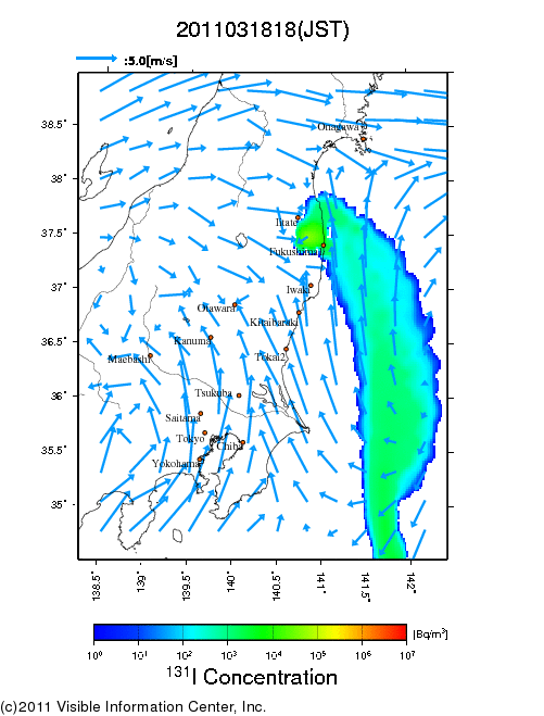 地表付近 大気中濃度分布[Bq/m3]　2011-03-18 18時