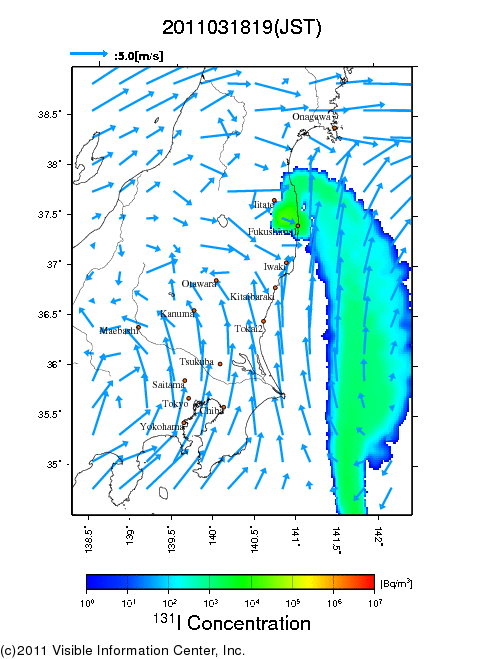 地表付近 大気中濃度分布[Bq/m3]　2011-03-18 19時