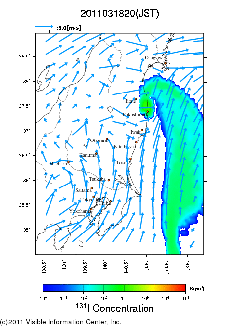 地表付近 大気中濃度分布[Bq/m3]　2011-03-18 20時