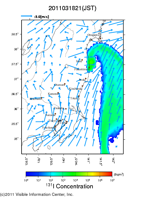 地表付近 大気中濃度分布[Bq/m3]　2011-03-18 21時
