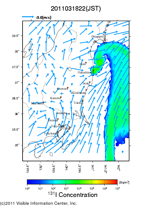 大気中濃度分布[Bq/m3]　2011031822
