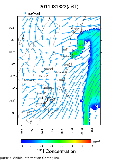 地表付近 大気中濃度分布[Bq/m3]　2011-03-18 23時