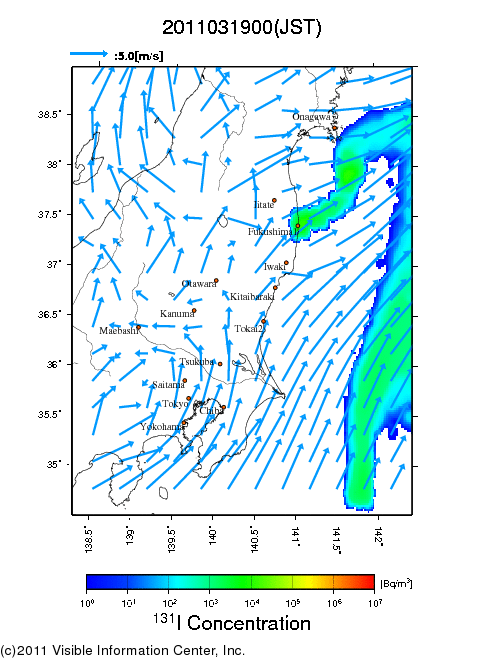 地表付近 大気中濃度分布[Bq/m3]　2011-03-19 00時