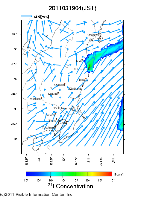 地表付近 大気中濃度分布[Bq/m3]　2011-03-19 04時