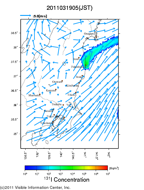 地表付近 大気中濃度分布[Bq/m3]　2011-03-19 05時