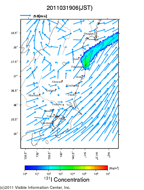 地表付近 大気中濃度分布[Bq/m3]　2011-03-19 06時