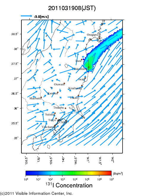 Ground level air concentration [Bq/m3] 2011-03-19 08