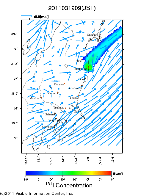 地表付近 大気中濃度分布[Bq/m3]　2011-03-19 09時