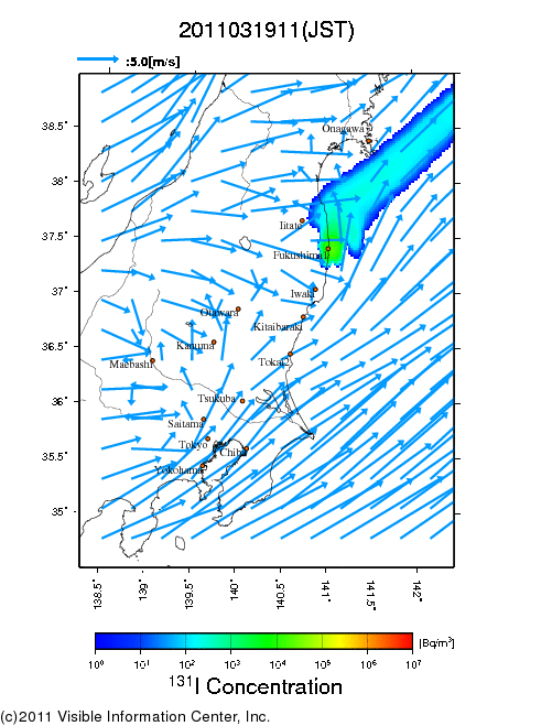 地表付近 大気中濃度分布[Bq/m3]　2011-03-19 11時