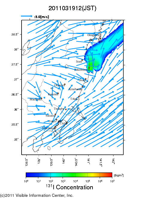 地表付近 大気中濃度分布[Bq/m3]　2011-03-19 12時