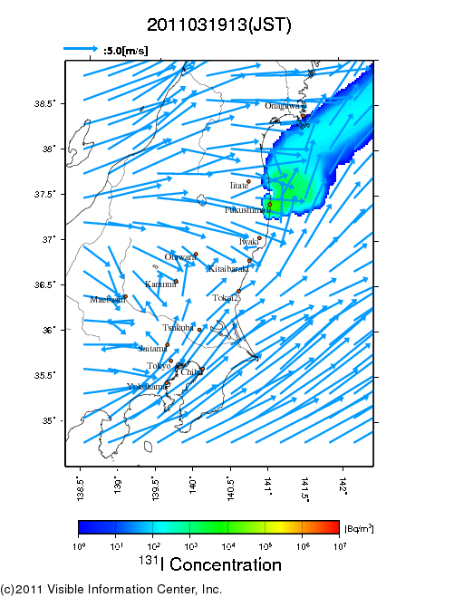 地表付近 大気中濃度分布[Bq/m3]　2011-03-19 13時