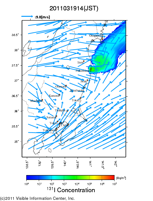 Ground level air concentration [Bq/m3] 2011-03-19 14