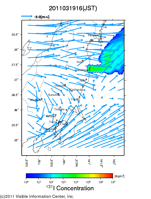 Ground level air concentration [Bq/m3] 2011-03-19 16