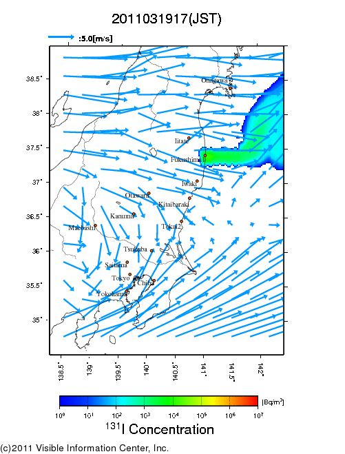 Ground level air concentration [Bq/m3] 2011-03-19 17