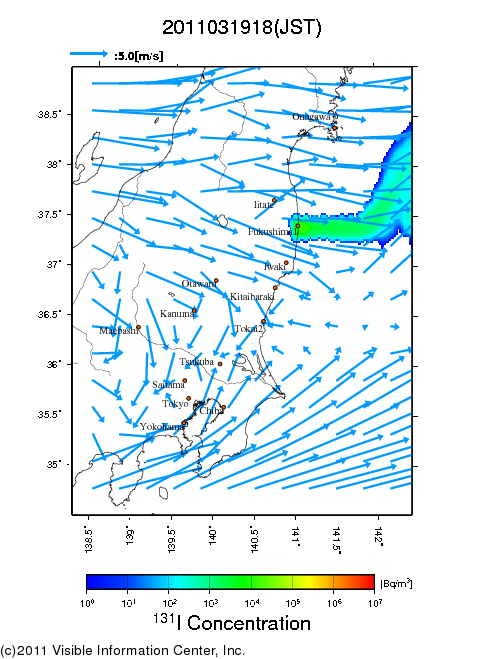 地表付近 大気中濃度分布[Bq/m3]　2011-03-19 18時