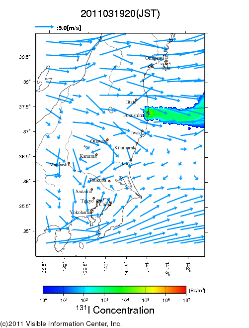 地表付近 大気中濃度分布[Bq/m3]　2011-03-19 20時