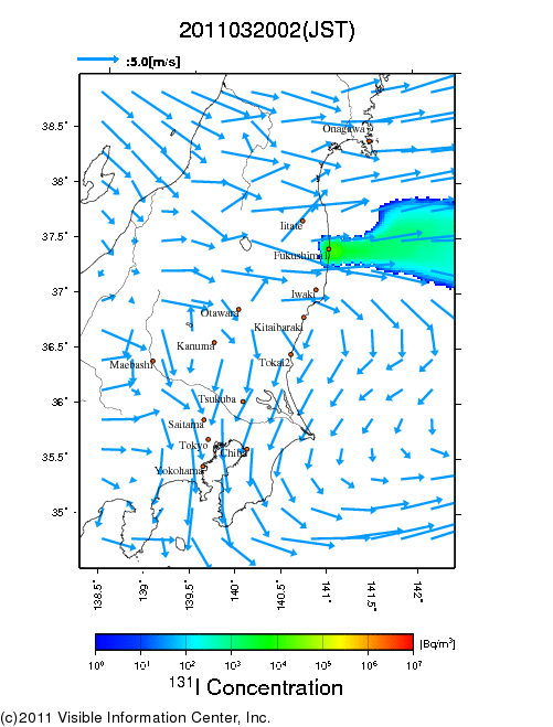 Ground level air concentration [Bq/m3] 2011-03-20 02