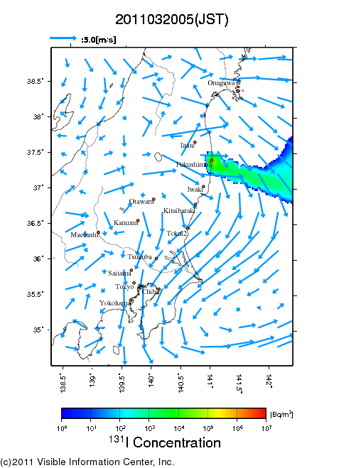 地表付近 大気中濃度分布[Bq/m3]　2011-03-20 05時