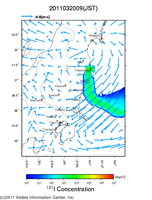 大気中濃度分布[Bq/m3]　2011032009