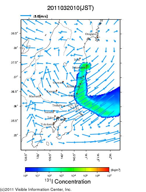 大気中濃度分布[Bq/m3]　2011032010