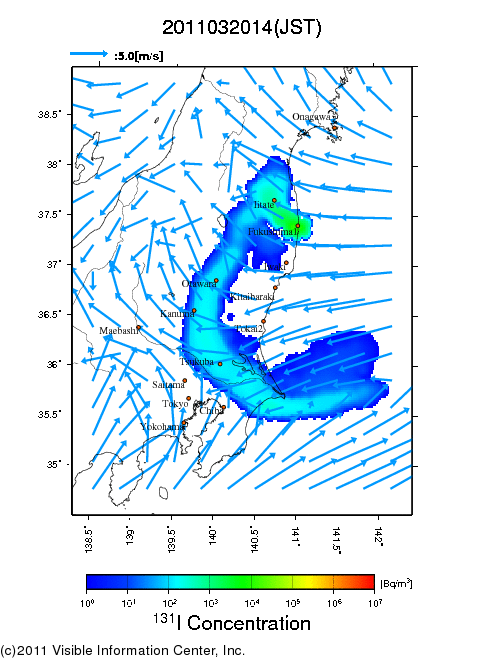 Ground level air concentration [Bq/m3] 2011-03-20 14