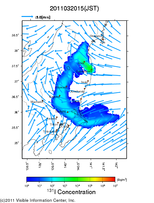 地表付近 大気中濃度分布[Bq/m3]　2011-03-20 15時