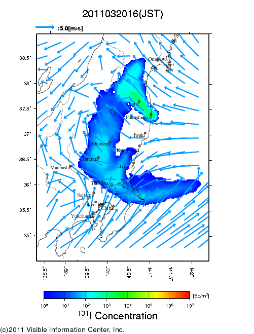 地表付近 大気中濃度分布[Bq/m3]　2011-03-20 16時