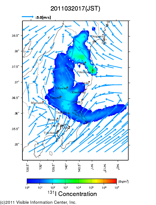 Ground level air concentration [Bq/m3] 2011-03-20 17