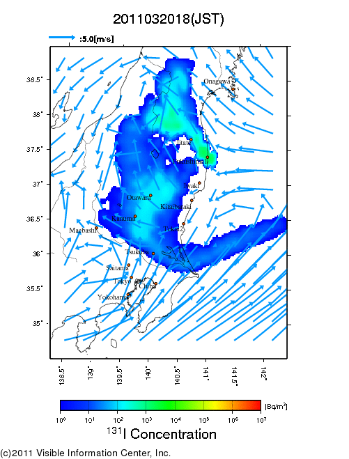 地表付近 大気中濃度分布[Bq/m3]　2011-03-20 18時