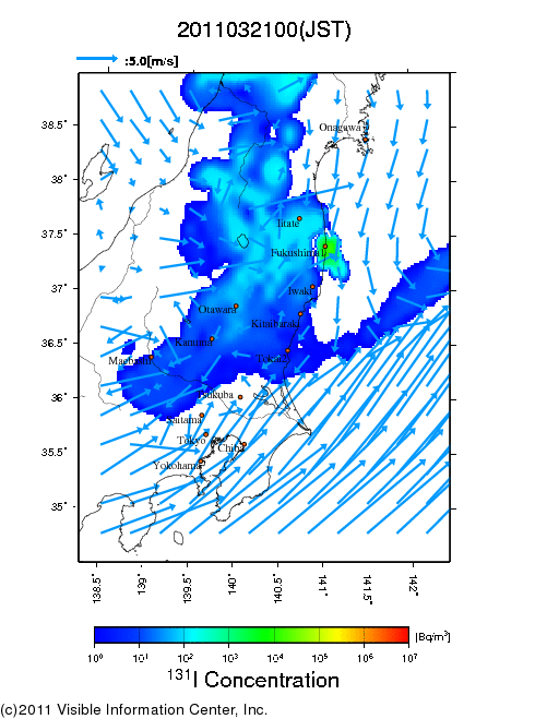 Ground level air concentration [Bq/m3] 2011-03-21 00