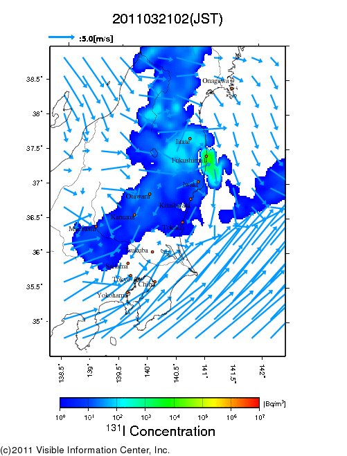 Ground level air concentration [Bq/m3] 2011-03-21 02