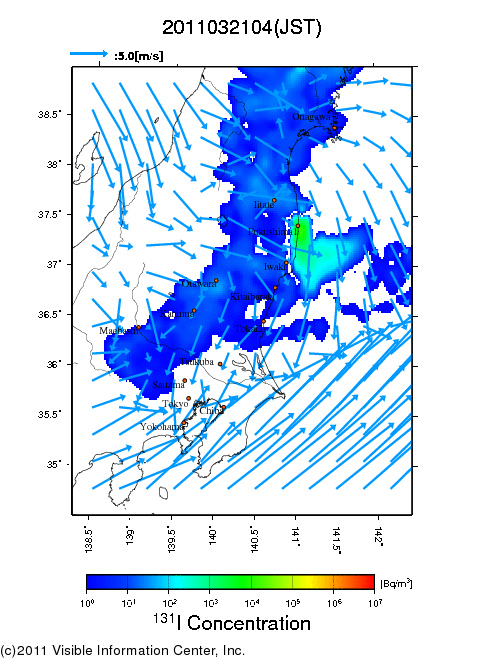 地表付近 大気中濃度分布[Bq/m3]　2011-03-21 04時