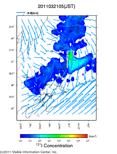 Ground level air concentration [Bq/m3] 2011-03-21 05