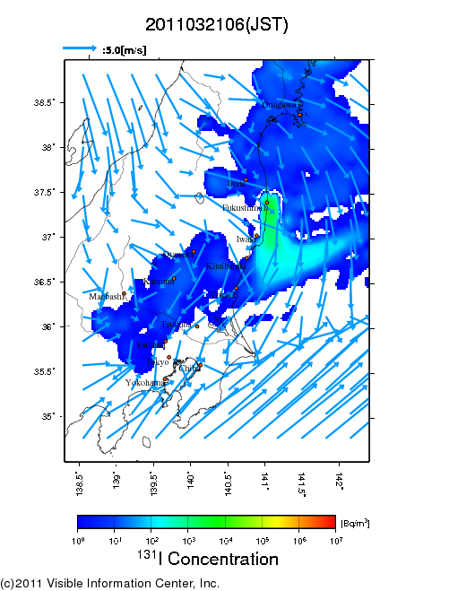 地表付近 大気中濃度分布[Bq/m3]　2011-03-21 06時