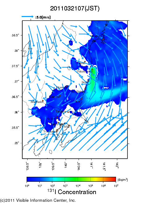 地表付近 大気中濃度分布[Bq/m3]　2011-03-21 07時