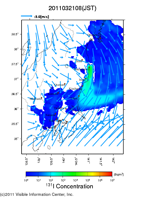 地表付近 大気中濃度分布[Bq/m3]　2011-03-21 08時