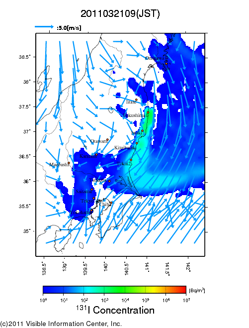 地表付近 大気中濃度分布[Bq/m3]　2011-03-21 09時