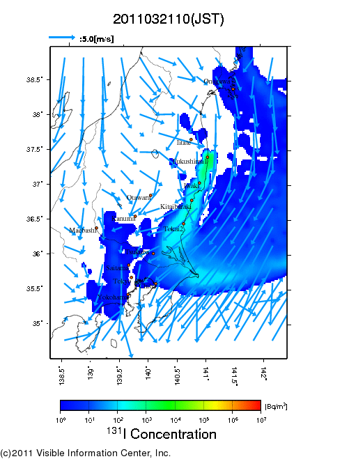 地表付近 大気中濃度分布[Bq/m3]　2011-03-21 10時