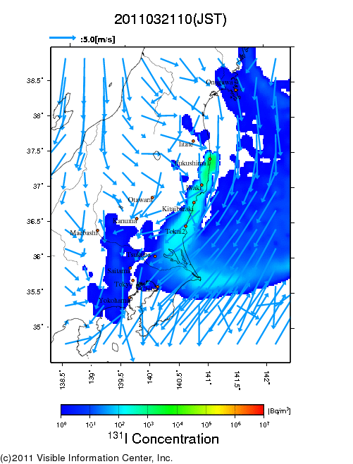 大気中濃度分布[Bq/m3]　2011032110