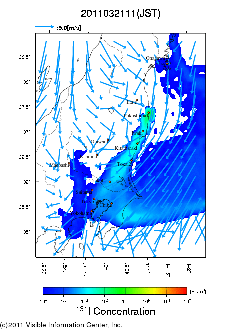 地表付近 大気中濃度分布[Bq/m3]　2011-03-21 11時