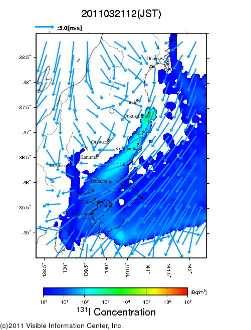 Ground level air concentration [Bq/m3] 2011-03-21 12