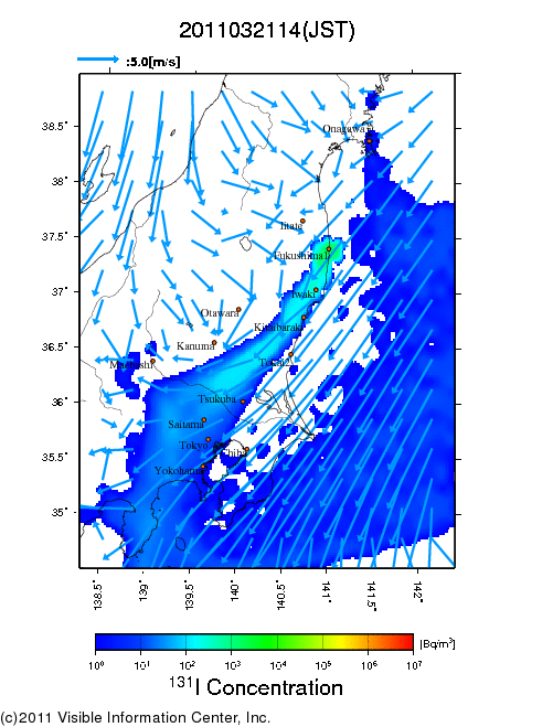 地表付近 大気中濃度分布[Bq/m3]　2011-03-21 14時
