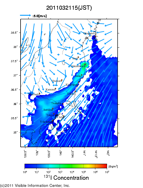 地表付近 大気中濃度分布[Bq/m3]　2011-03-21 15時