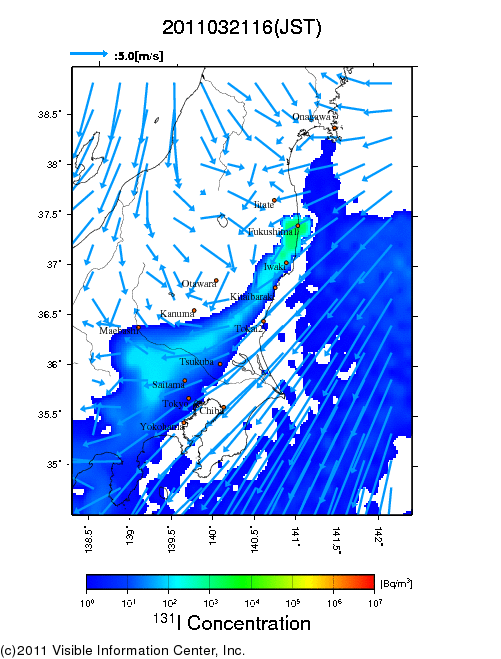 Ground level air concentration [Bq/m3] 2011-03-21 16