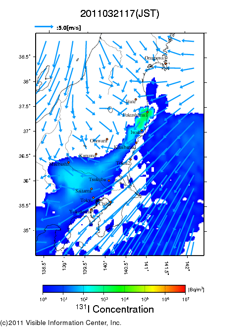 地表付近 大気中濃度分布[Bq/m3]　2011-03-21 17時