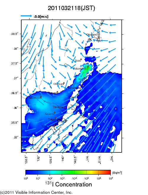 地表付近 大気中濃度分布[Bq/m3]　2011-03-21 18時