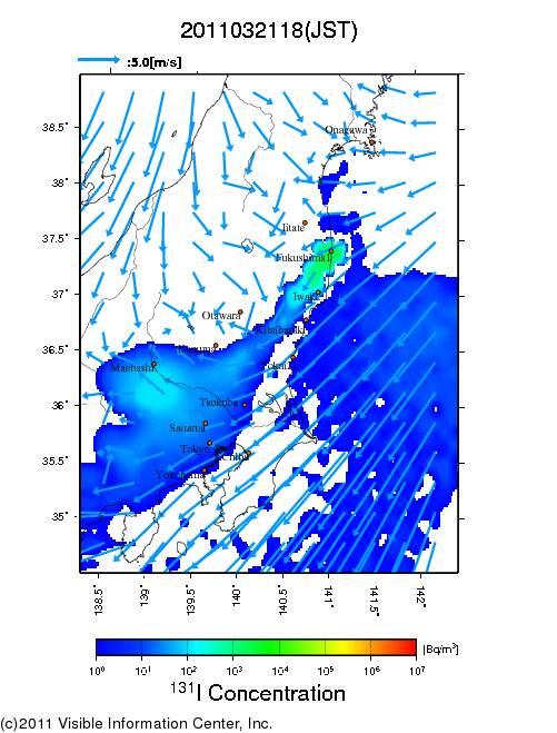 大気中濃度分布[Bq/m3]　2011032118
