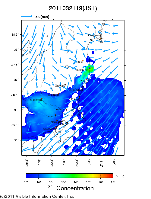 地表付近 大気中濃度分布[Bq/m3]　2011-03-21 19時